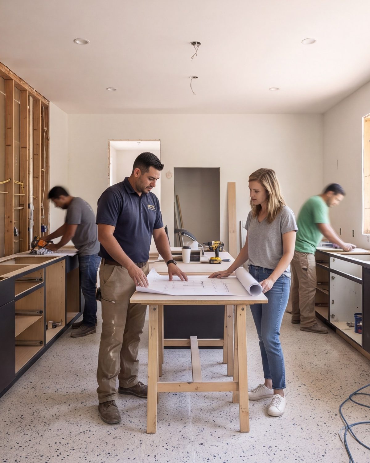 Remodel lead and homeowner reviewing drawings