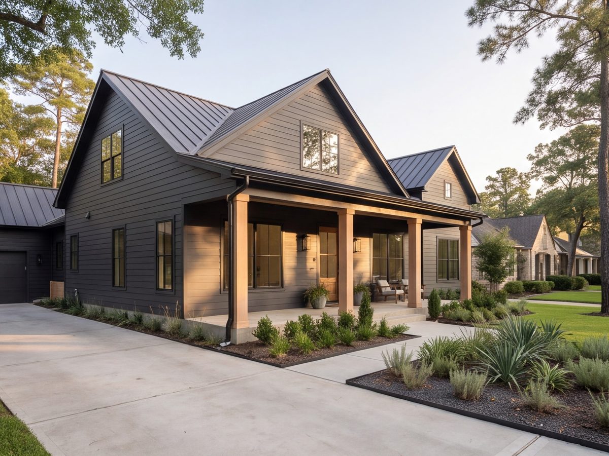 Remodeled house front with new siding and porch