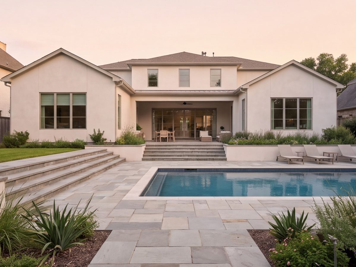 Stone patio and pool deck behind a Houston house