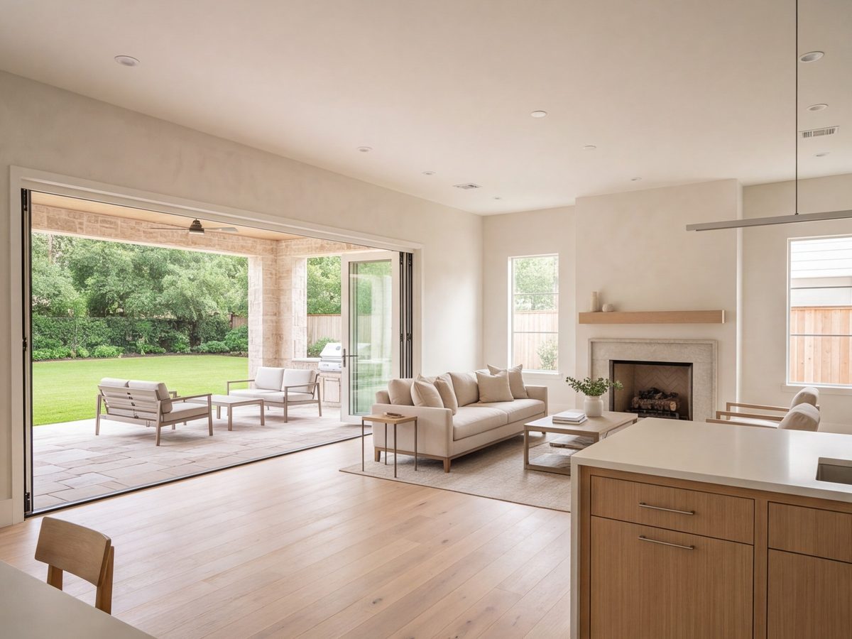 Living room with new folding glass doors open to the patio